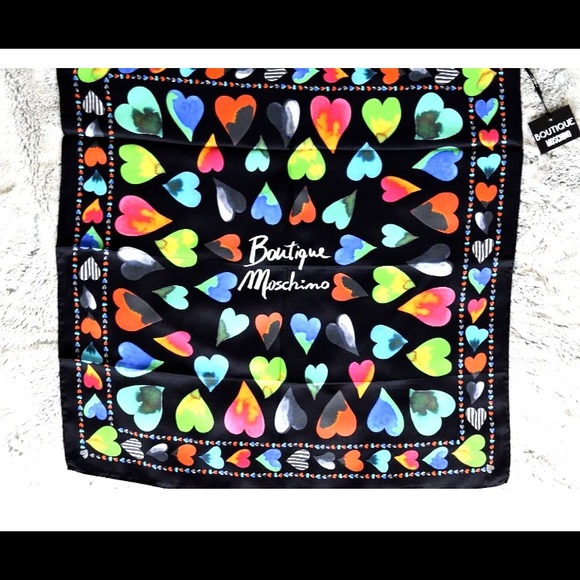 NEW MOSCHINO 100% Silk Scarf Black/Multi Heart Print,Hand rollIed, Italy… - Picture 2 of 9